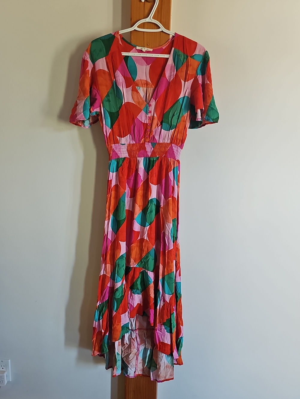 Abel The Label V-Neck Geometric Print Dress in Pink, Red & Green